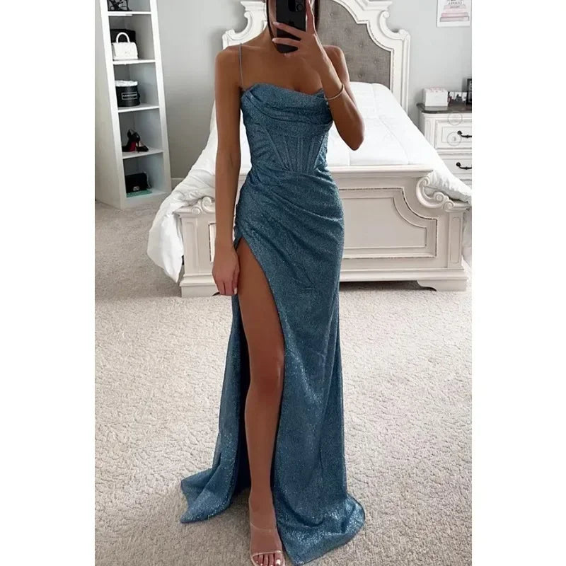 Women's S-XL size Party Fashion Suspender Dress with A Straight Neckline Sleeveless Solid Color Slim Fit Slit Casual Long Dress