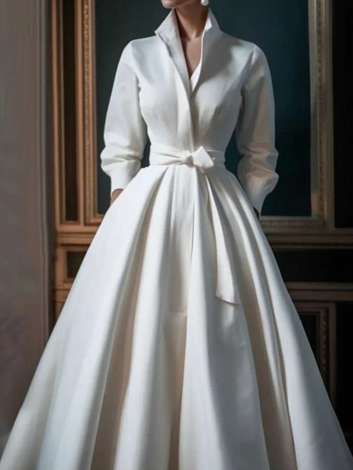 A-Line Maxi Shirt Dress Long Sleeve Stand Collar — Ivory | KIMLUD