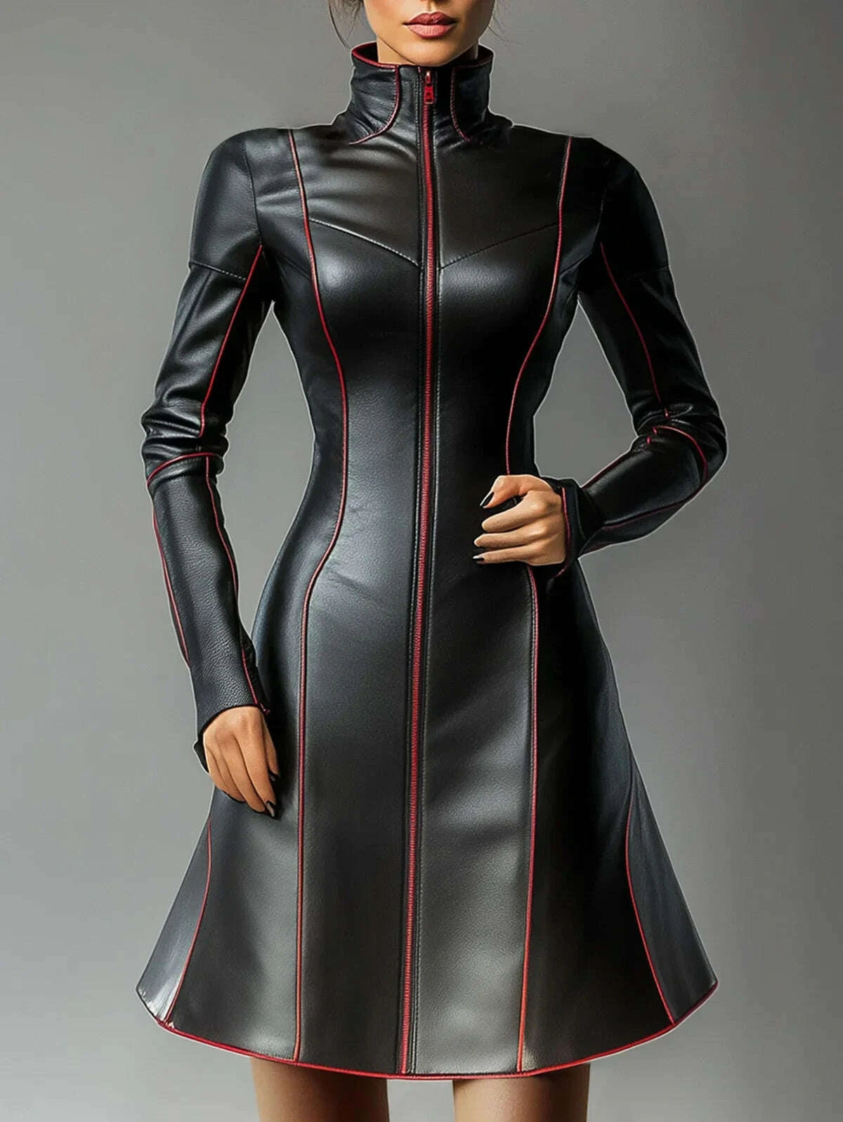 PU Leather Pleated A-Line Long Sleeve Dress