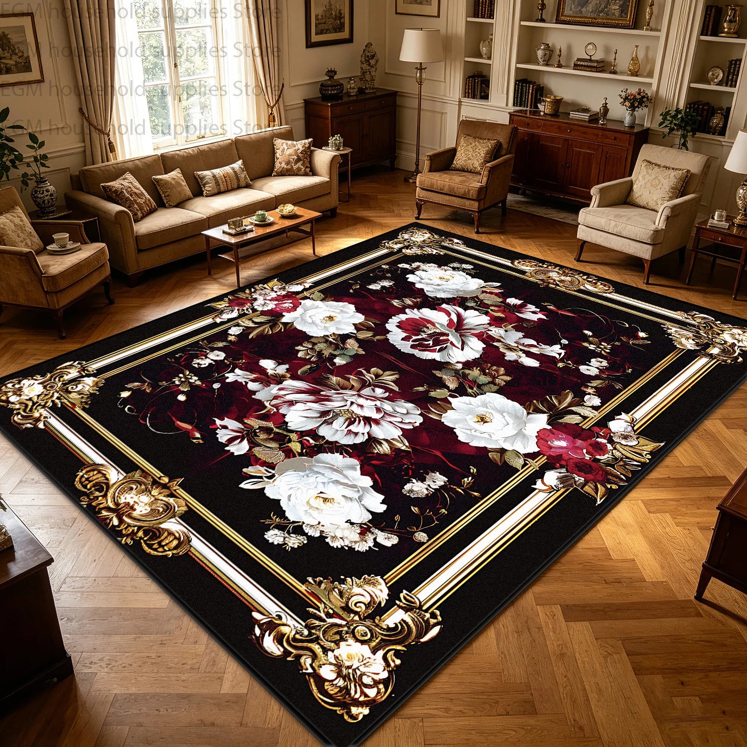 Kilim Polyester Floral Area Rug — Red Gold | KIMLUD
