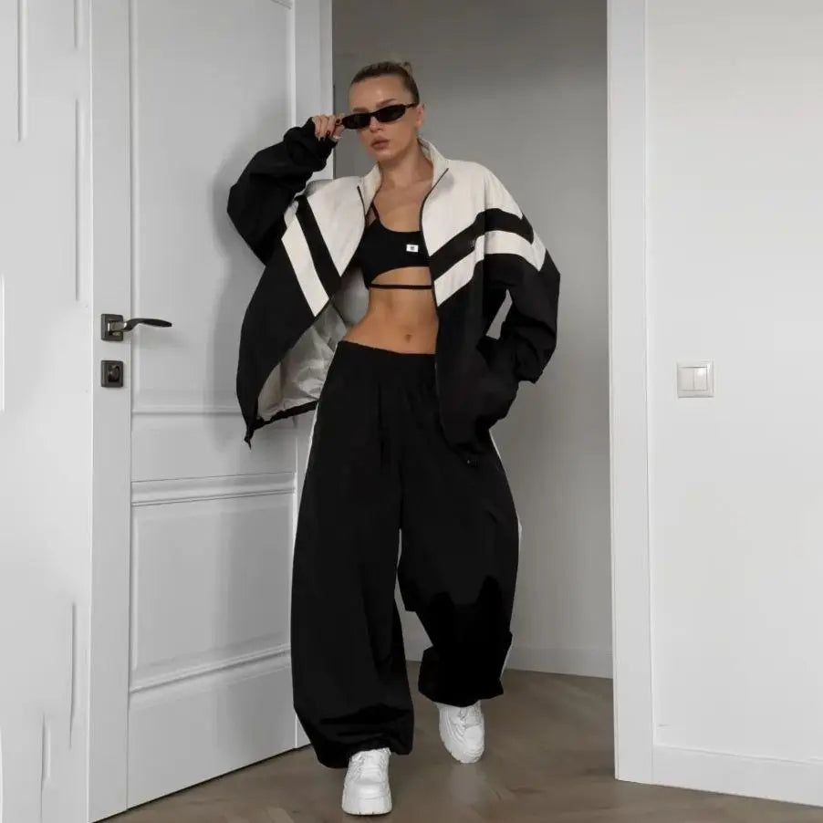 Patchwork Trench Set Two-Piece — Black And White | KIMLUD