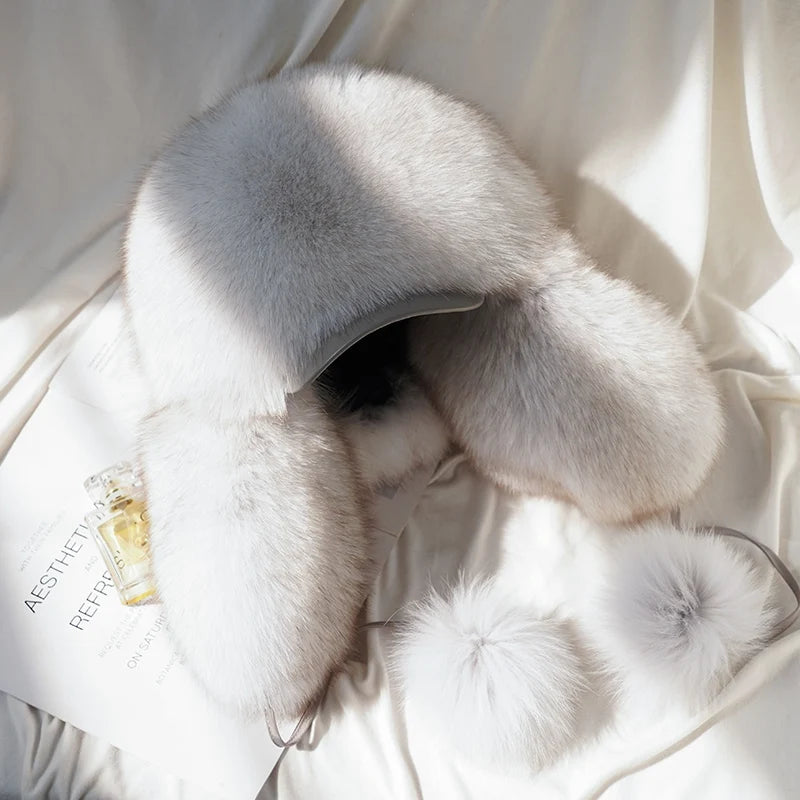 2025 Winter 100% Real Silver Fox Fur Bomber Hat Raccoon Fur Ushanka Cap Trapper Russian Men's Ski Hats Caps