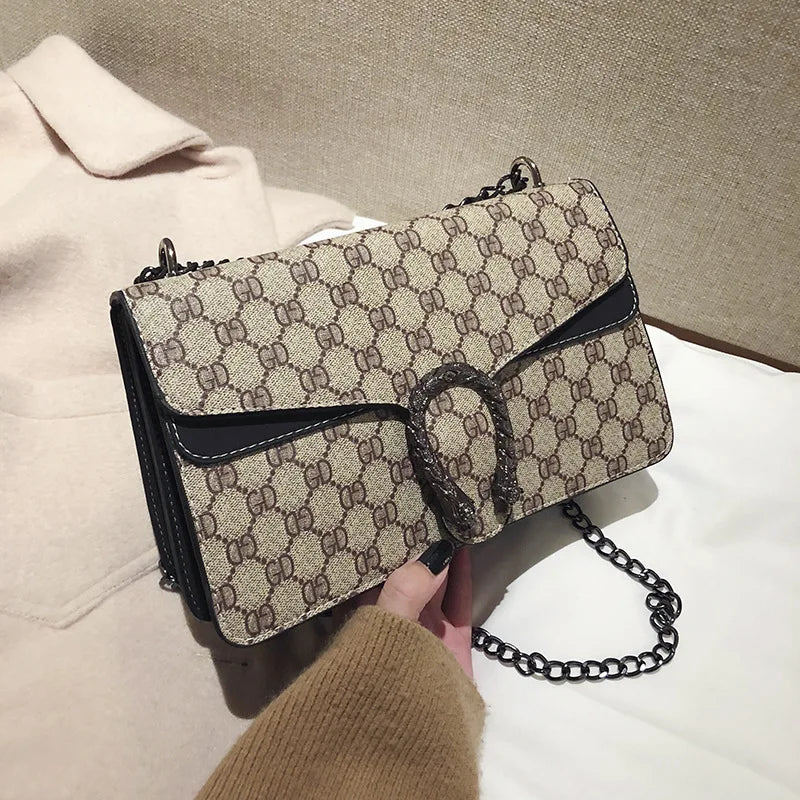 PU Mini Crossbody Bag Vintage Print With Chain Strap Monogram — Beige-Cream | KIMLUD