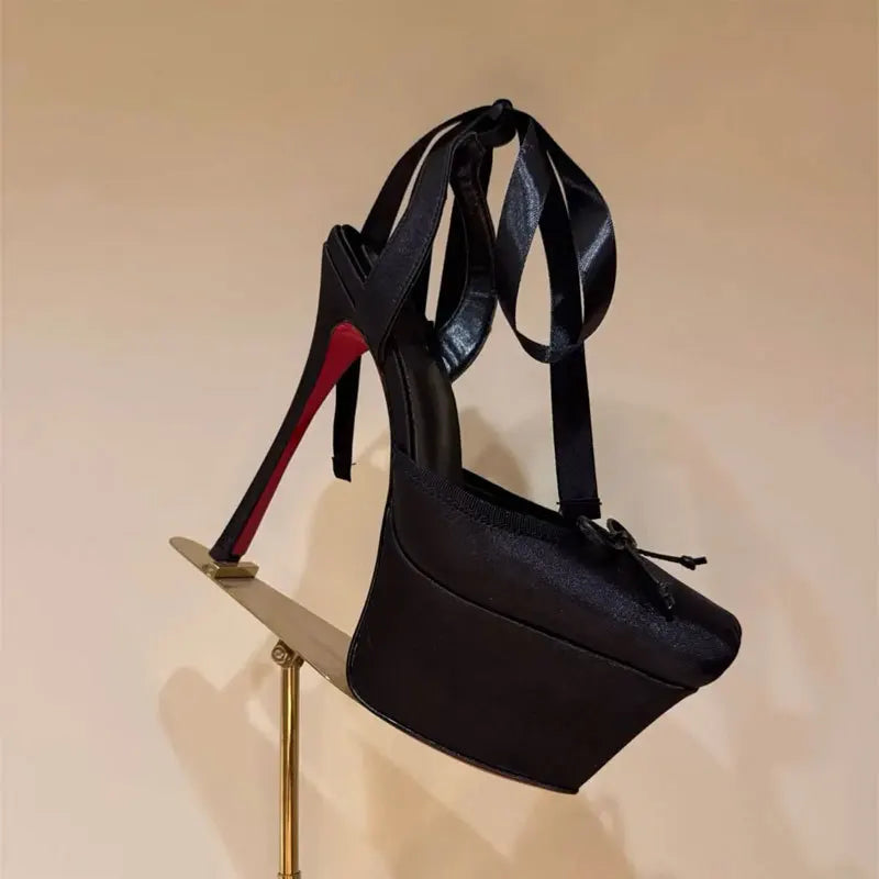 Silk Cross Strap Waterproof Platform Sandals High Heel — Black | KIMLUD