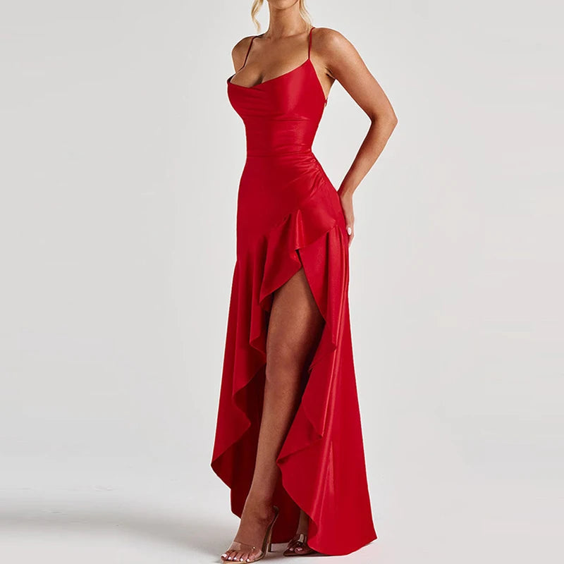 Banquet Luxury Irregular Solid Prom Gown Temperament High Waist Sleeveless Satin Dress Sexy Off Shoulder Slim Halter Long Robes
