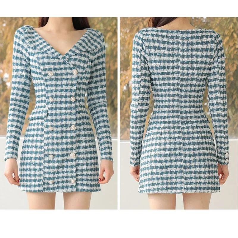 Long-sleeved Plaid Small Fragrance V-neck Women Dress Slim Double-breasted Korea Chic Elegant Vintage Spring Autumn Mini Dress - KIMLUD