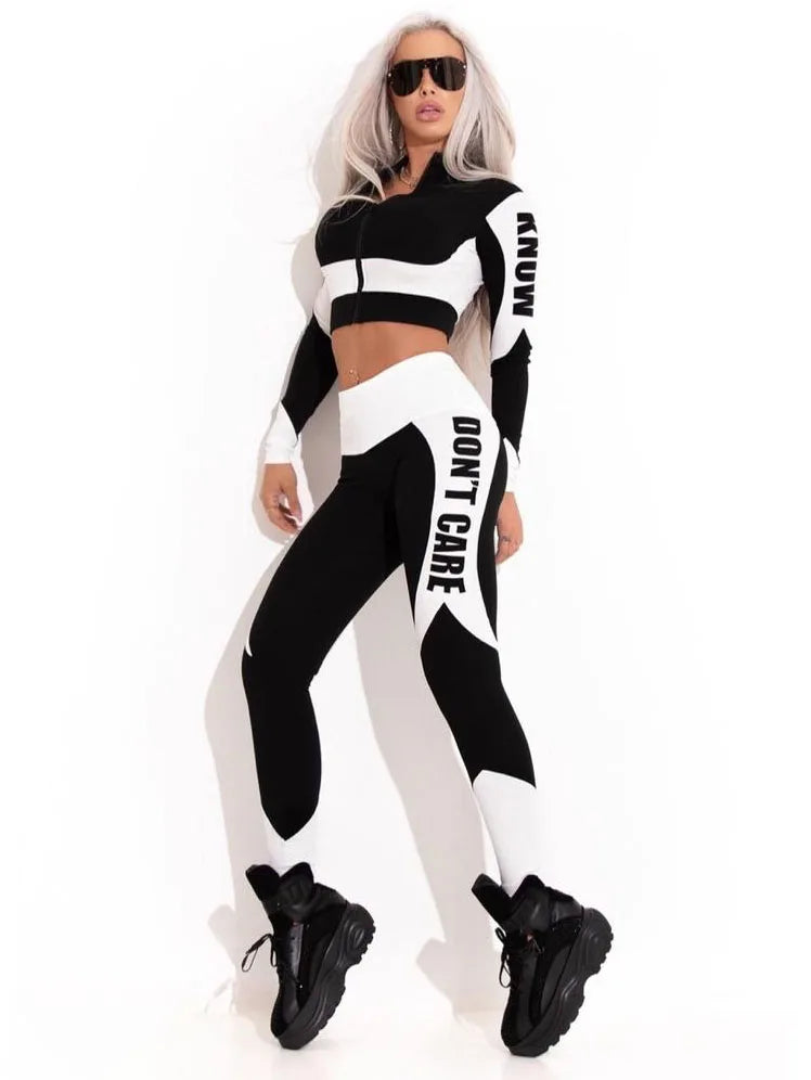 Oshoplive Female Long Sleeves Zipper Tees&leggings Sports Suits 2023 Spring Autumn Letter Print Yoga Two Pieces Set For Women