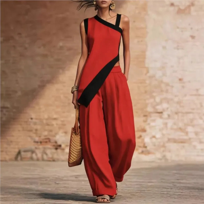 Wide Leg Color Block Pants And Top Set — Black | KIMLUD