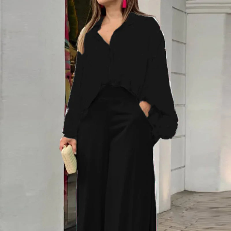 KIMLUD, Fashion Print Set Women Casual Long Sleeve Button Shirt+Pockets High Waist Wide Leg Pants Office 2 Piece Sets Lady Spring Summer, KIMLUD Womens Clothes