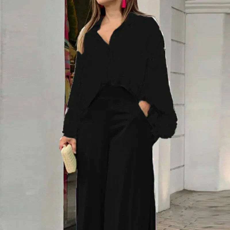 KIMLUD, Fashion Print Set Women Casual Long Sleeve Button Shirt+Pockets High Waist Wide Leg Pants Office 2 Piece Sets Lady Spring Summer, KIMLUD Womens Clothes