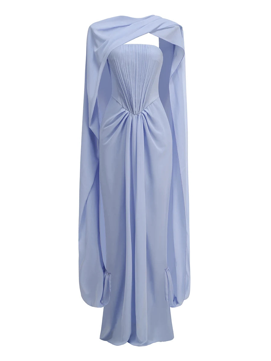 Evening Dress – Strapless Pleated Ruched – Polyester – Light Blue | KIMLUD