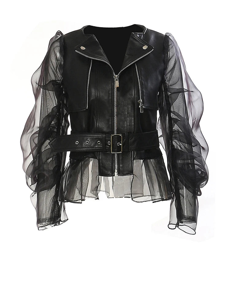 Leather Mesh Jacket – Loose Fit – PU Leather – Black | KIMLUD