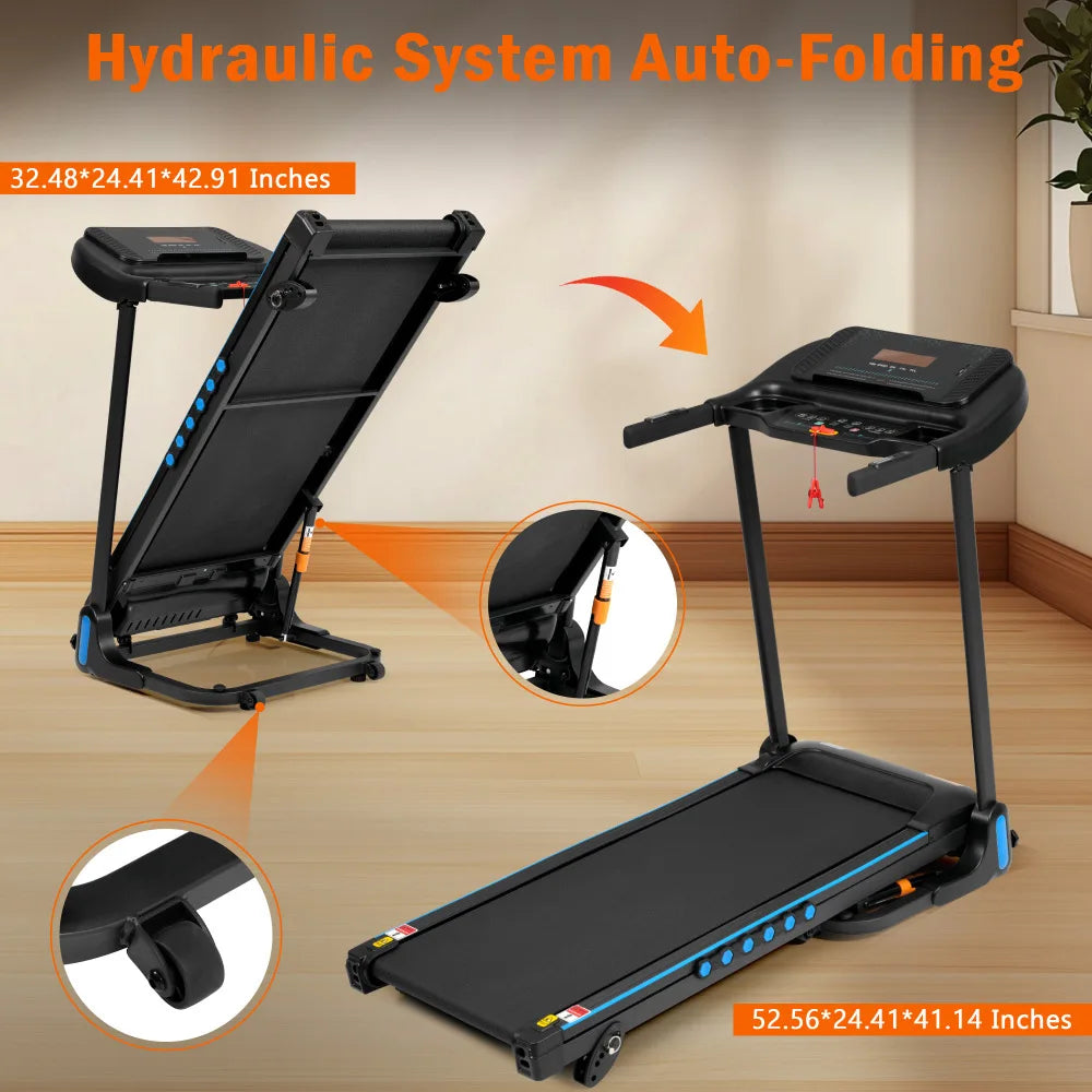 Foldable Incline Treadmill 3.0HP 350lbs Capacity Auto-Folding 10MPH Bluetooth USB/Type-C Charging Sports Equipment for Home Use