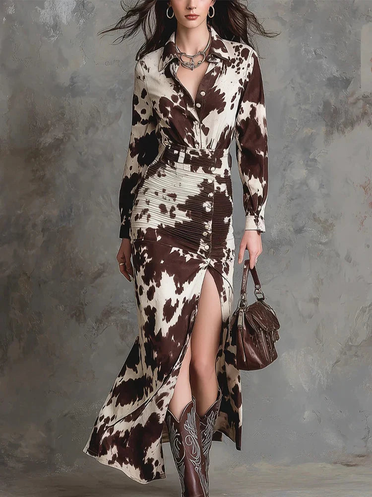 Autumn women's long sleeved casual style polyester material 2025 new fashionable lapel printed high waisted dress