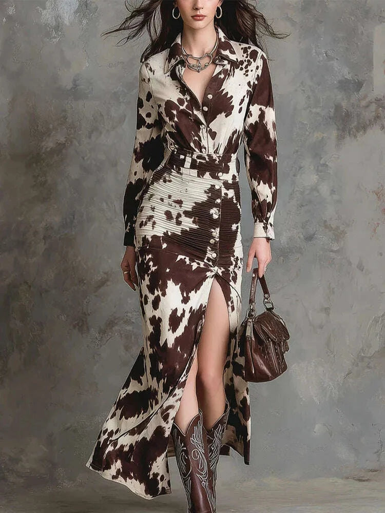 KIMLUD, Autumn women's long sleeved casual style polyester material 2025 new fashionable lapel printed high waisted dress, KIMLUD Womens Clothes