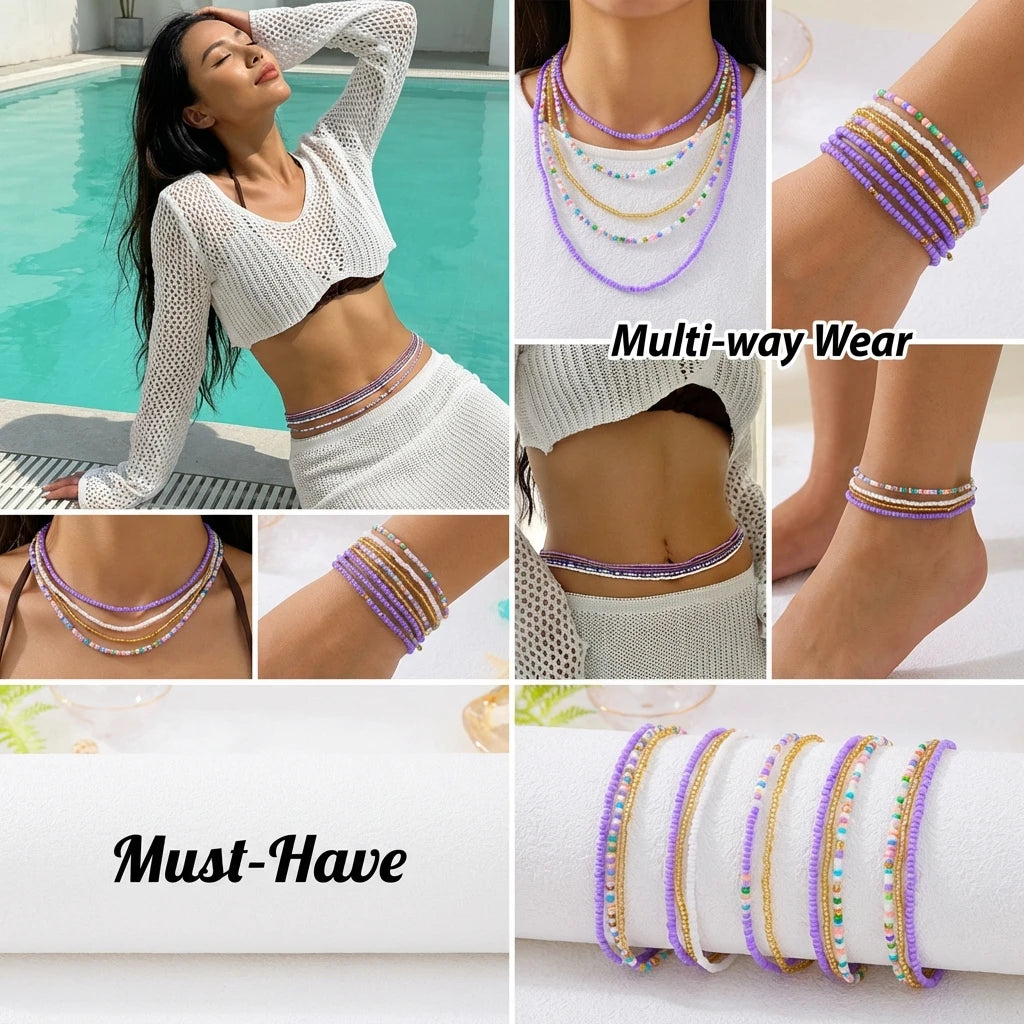 5Pcs/Set Boho Colorful Rice Beads Waist Chains For Women Girls Summer Beach Bikini Elastic Belly Belt Waistband Y2K Jewelry Gift