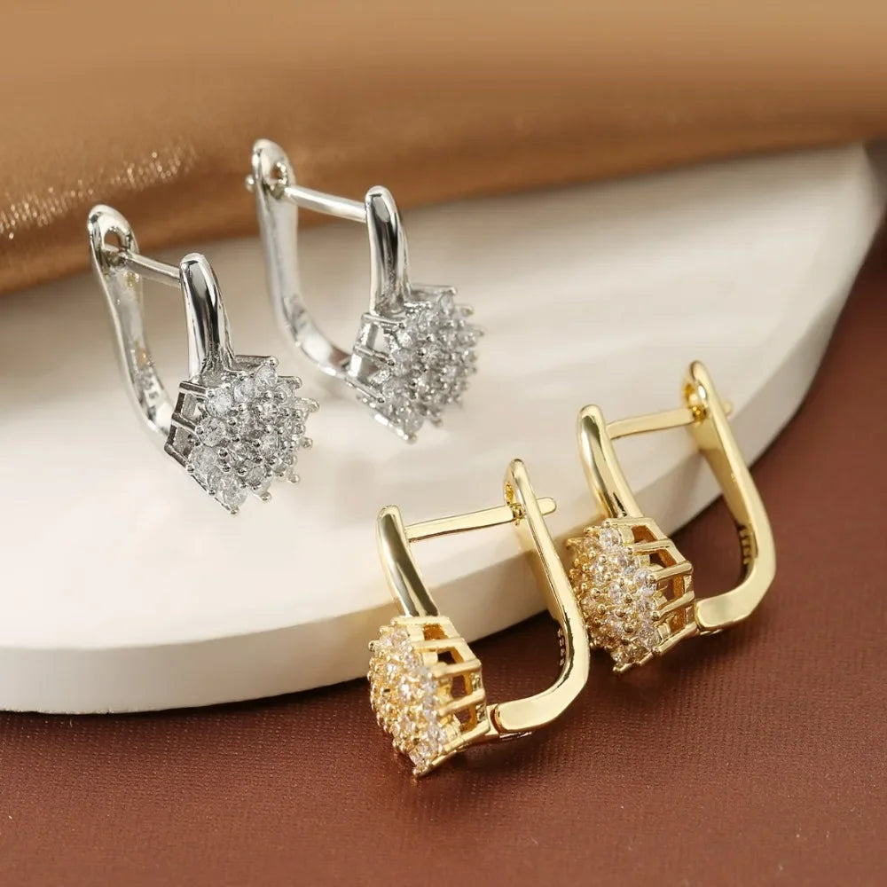 Stainless Steel Hoop Earrings U Shape Zircon Flower — Gold | KIMLUD
