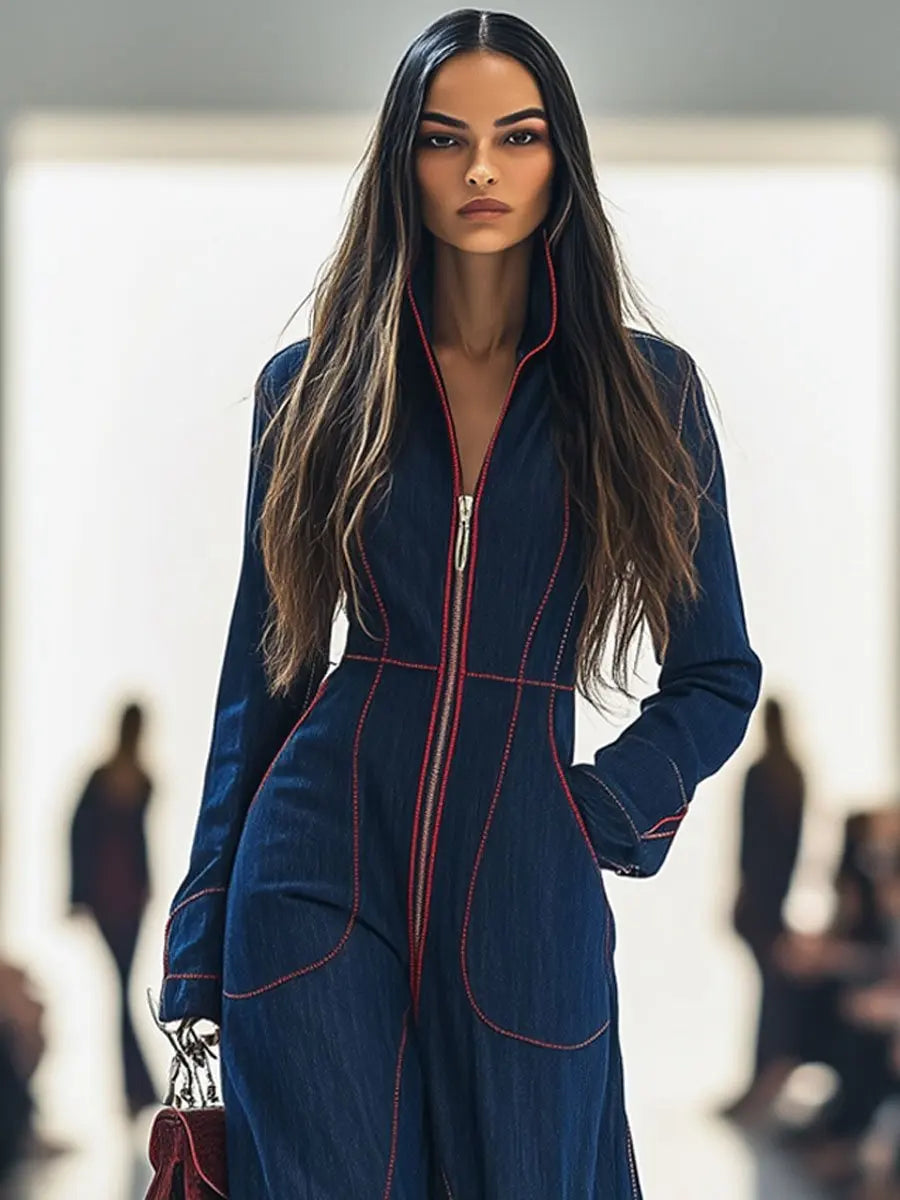 Polyester Jumpsuit Waist-Cinched Wide-Leg Stand Collar — Black | KIMLUD