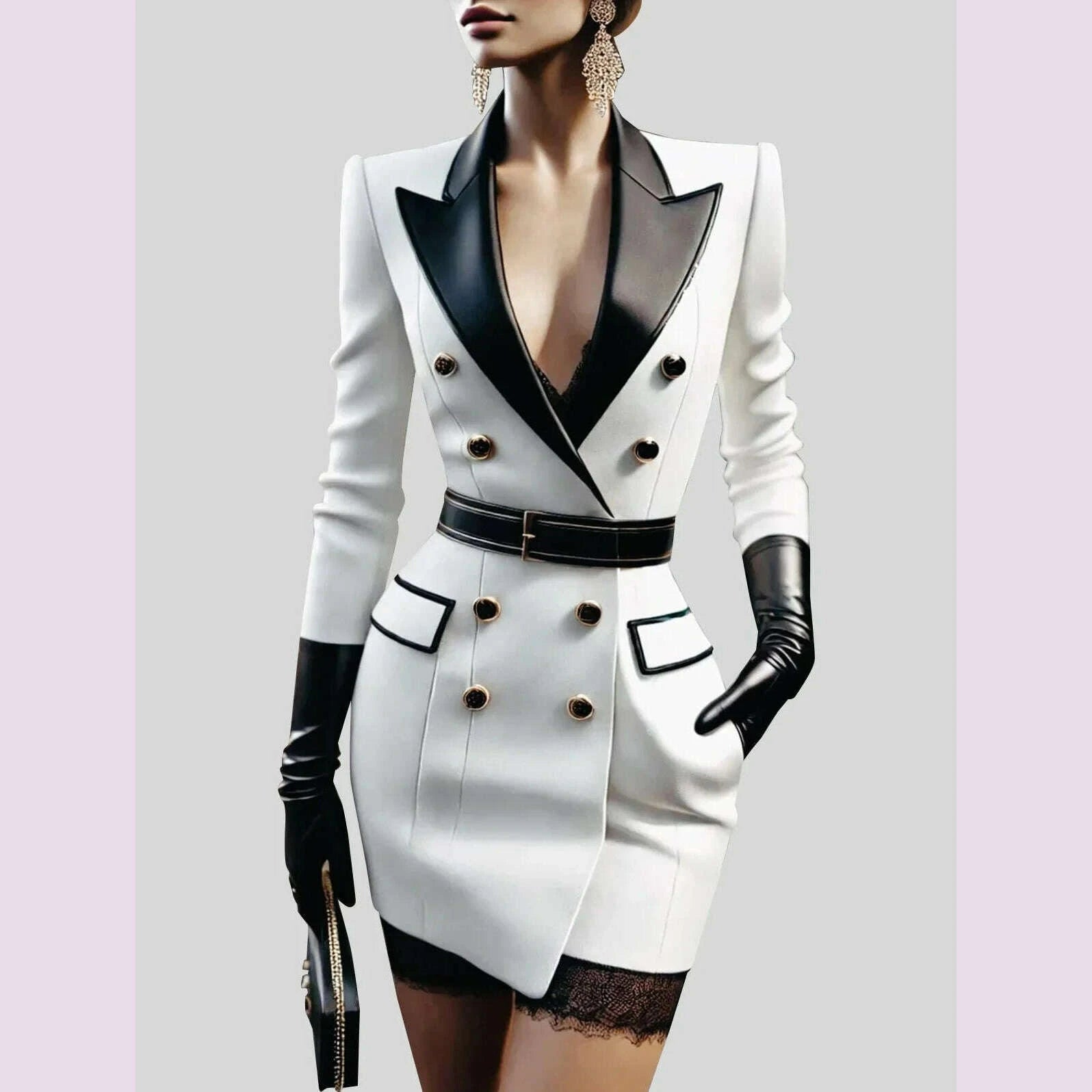 Womens Elegant Double Breasted Peak Lapel Mini Blazer Dress with Belt Womens Elegant Double Breasted Peak Lapel Mini Blazer Dress with Belt