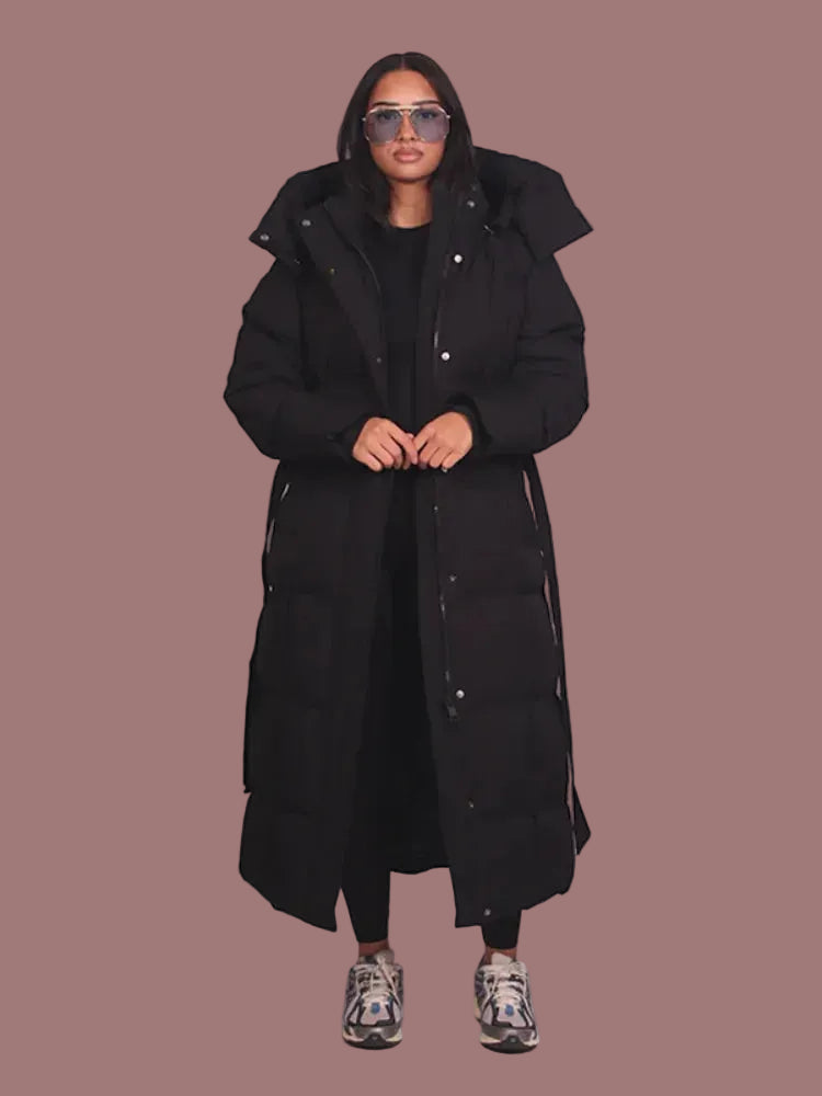 Warm Women's Puffy Quilted Hooded Long Cotton Coat Loose Solid Stand Collar Lace Up Zipper Overcoats 2025 Winter Lady Outwear