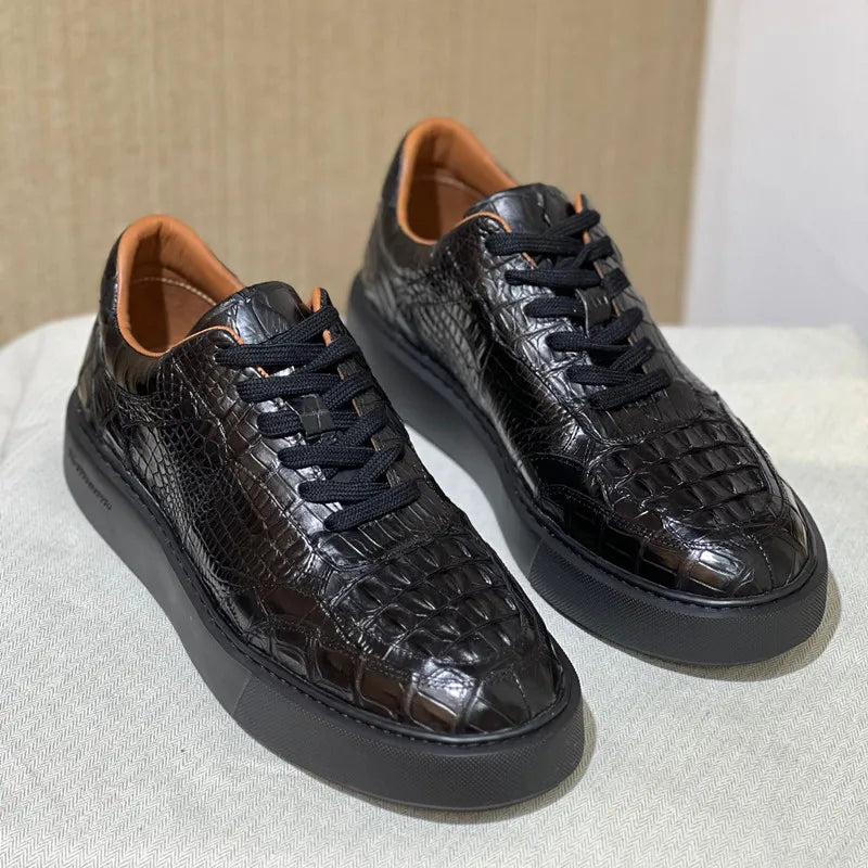 Authentic Crocodile Skin Clear Black Male Casual Platform Board Shoes Genuine Real Alligator Leather Men's Lace-up Walk Sneakers