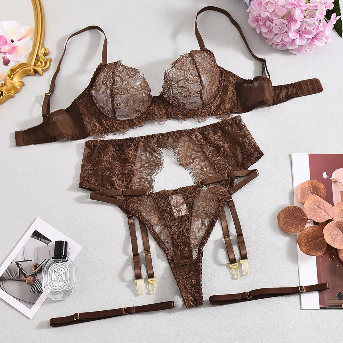 Ellolace Elegant Lingeries Sexy Hot Exclusive Coffee Bra Belt Thong 3PC with Leg Circles Cute Intimate Lace Tempted Tipsy Set