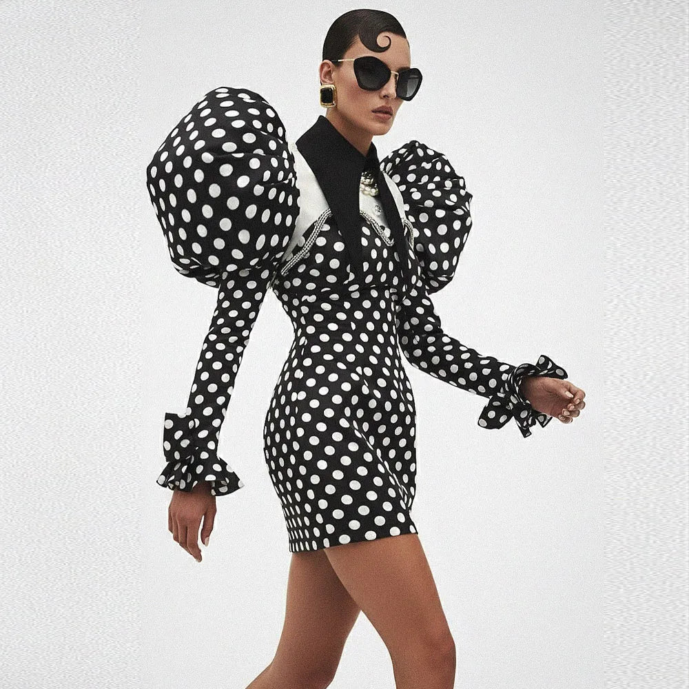 Couture Black Polka Dots Short Women Party Dresses With Crytsal Details Fashion Puffy Sleeves Mini Dress