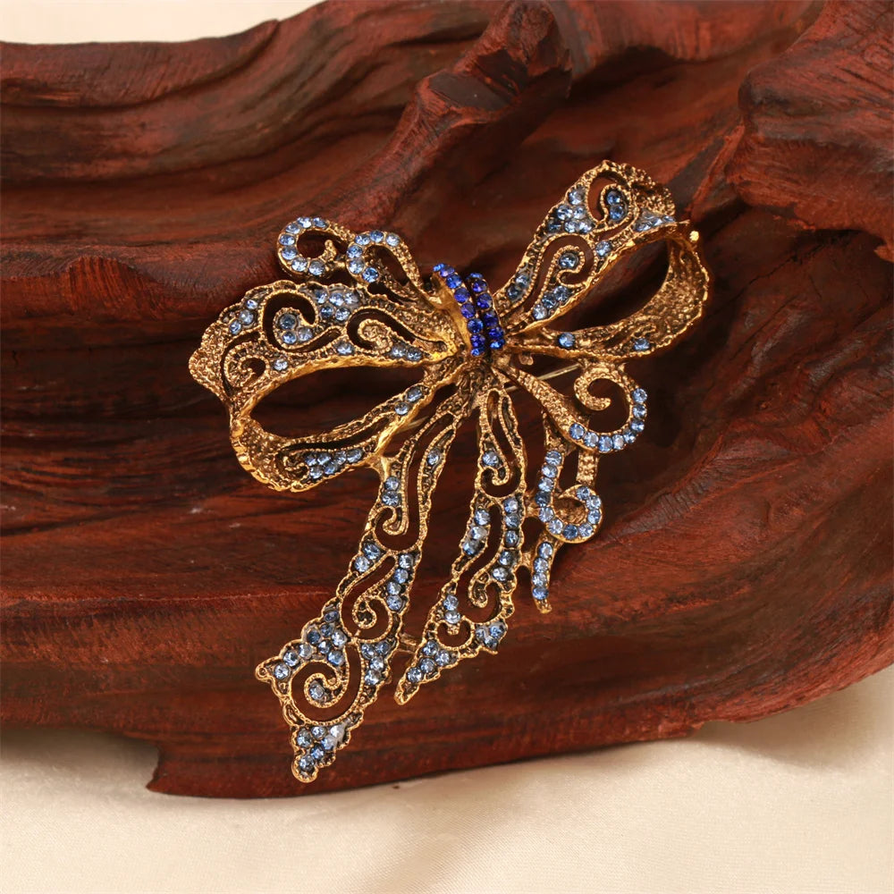 Baroque Bow Brooch Gold-Tone Finish — Blue Crystal Pavé | KIMLUD