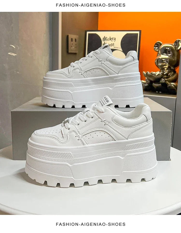 Platform Sneakers 8cm Lace-Up Cushioned Insole For All-Day Comfort — White | KIMLUD