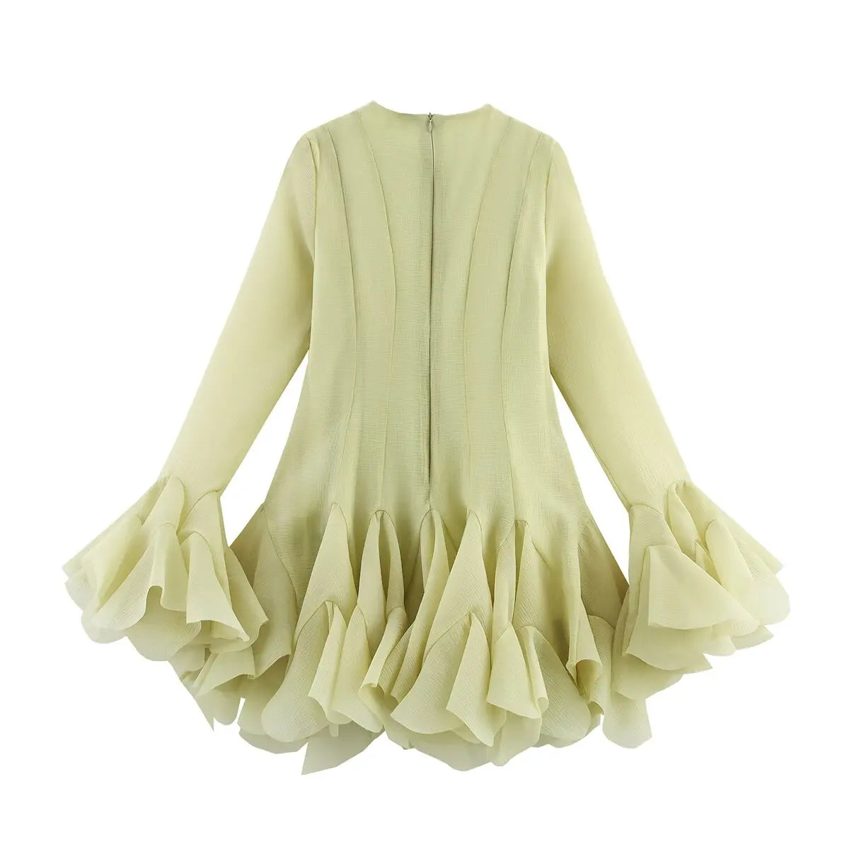 2026 Summer Women's Elegant Multi-Layered Ruffled Hem Mini Dresses Lady Sweet French Style Long Flare Sleeve Slim Fit Puffy Robe