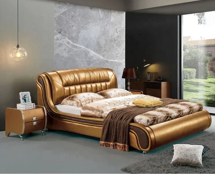 A Neueste design Schlafzimmer set möbel Gold farbe könig größe doppel bett Moderne europäische modische weiche betten Leder bett