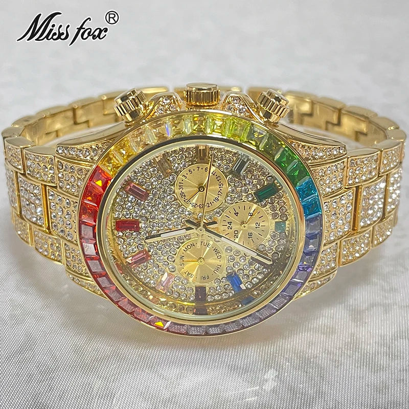 Stainless Steel Smartwatch Hip Hop Rainbow Pavé Diamonds — Gold | KIMLUD