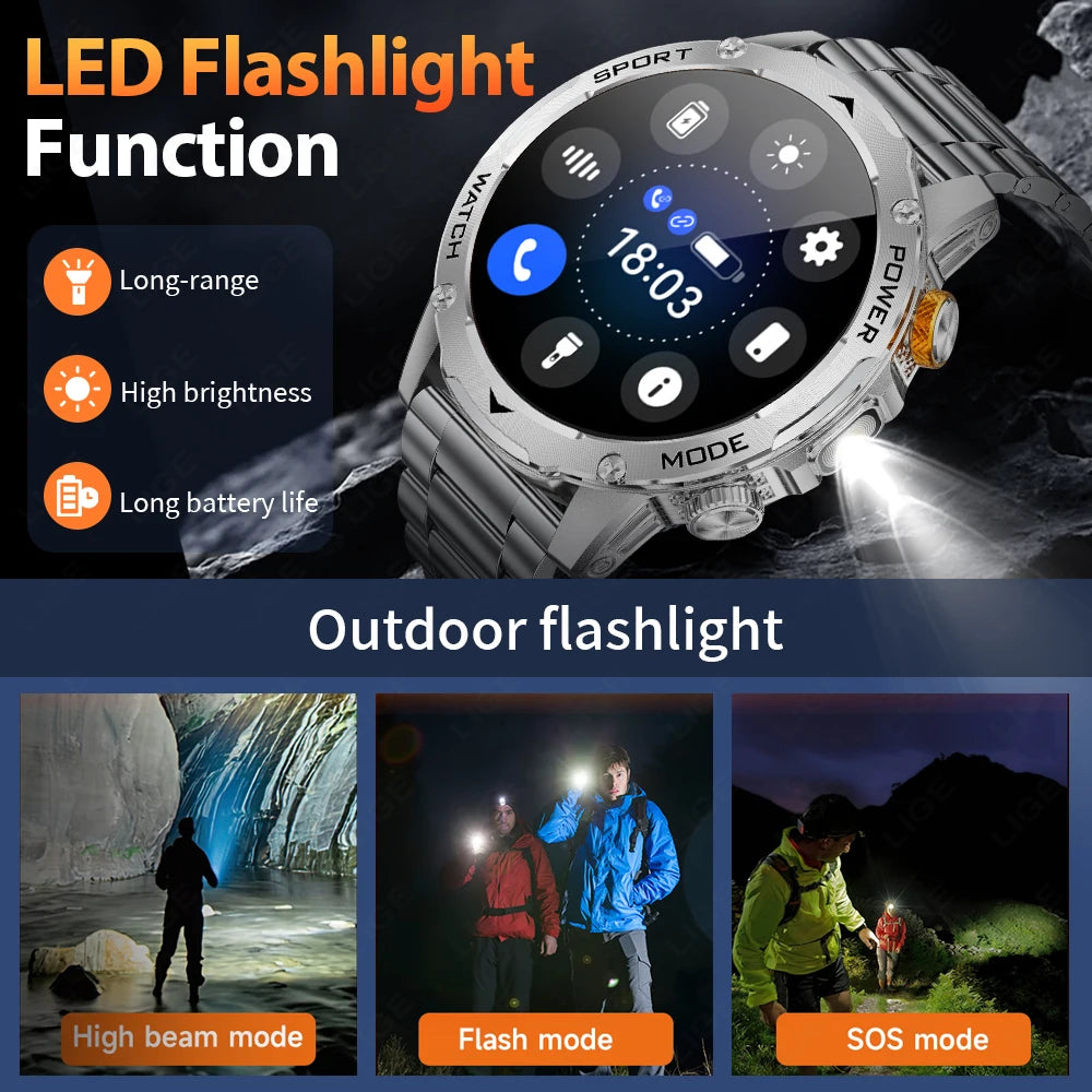 LIGE Smart Watch Man 1000mAh Long Standby Outdoor Smartwatch Men LED Flashlight Waterproof Heart Rate Sport BT Call Smartwatches