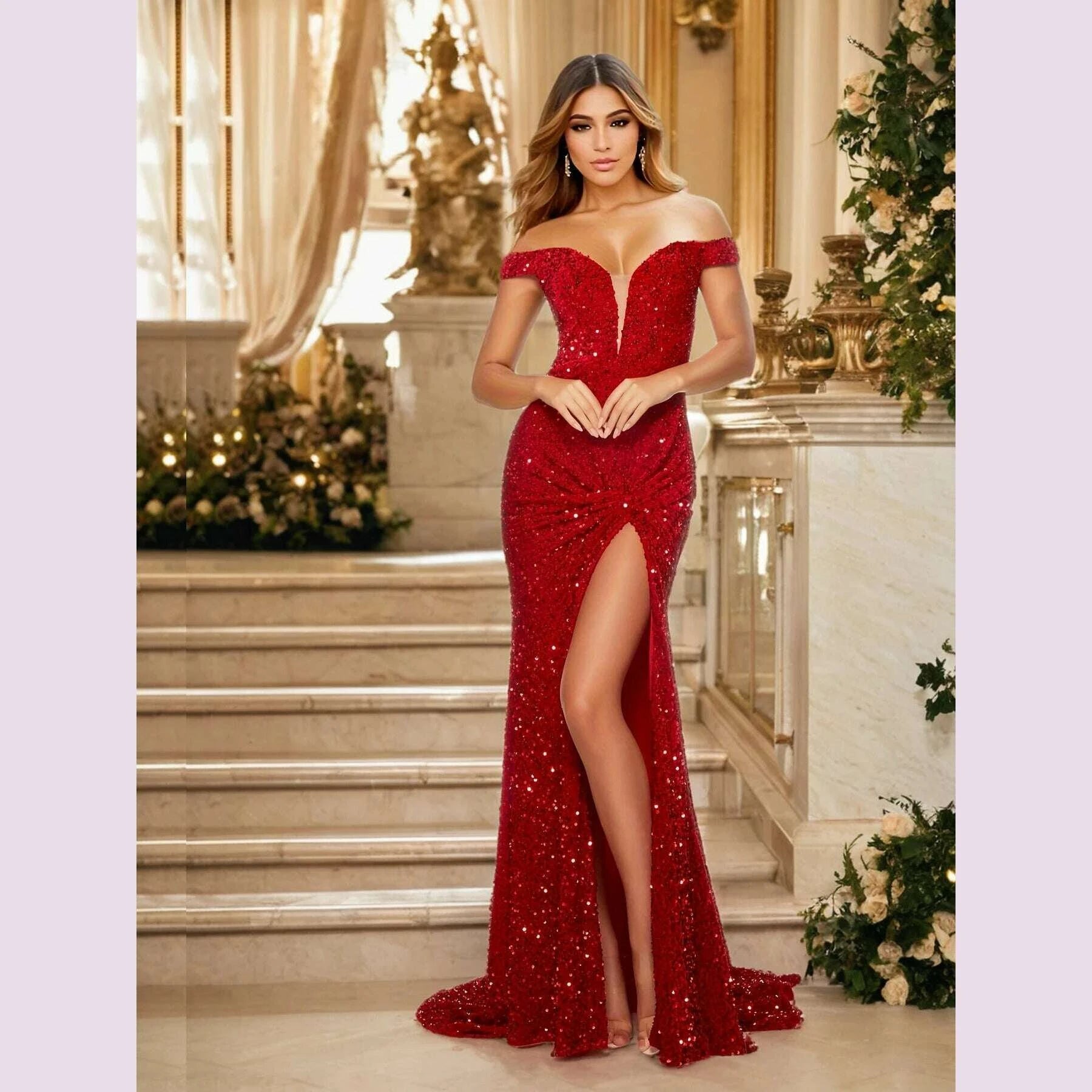 Elegant Sleeveless Slash Neck Evening Slit Women Dress Sequin Backless Elegant Sleeveless Slash Neck Evening Slit Women Dress Sequin Backless