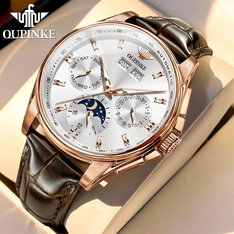 Leather Strap Automatic Watch Moon Phase Chronograph — Silver | KIMLUD