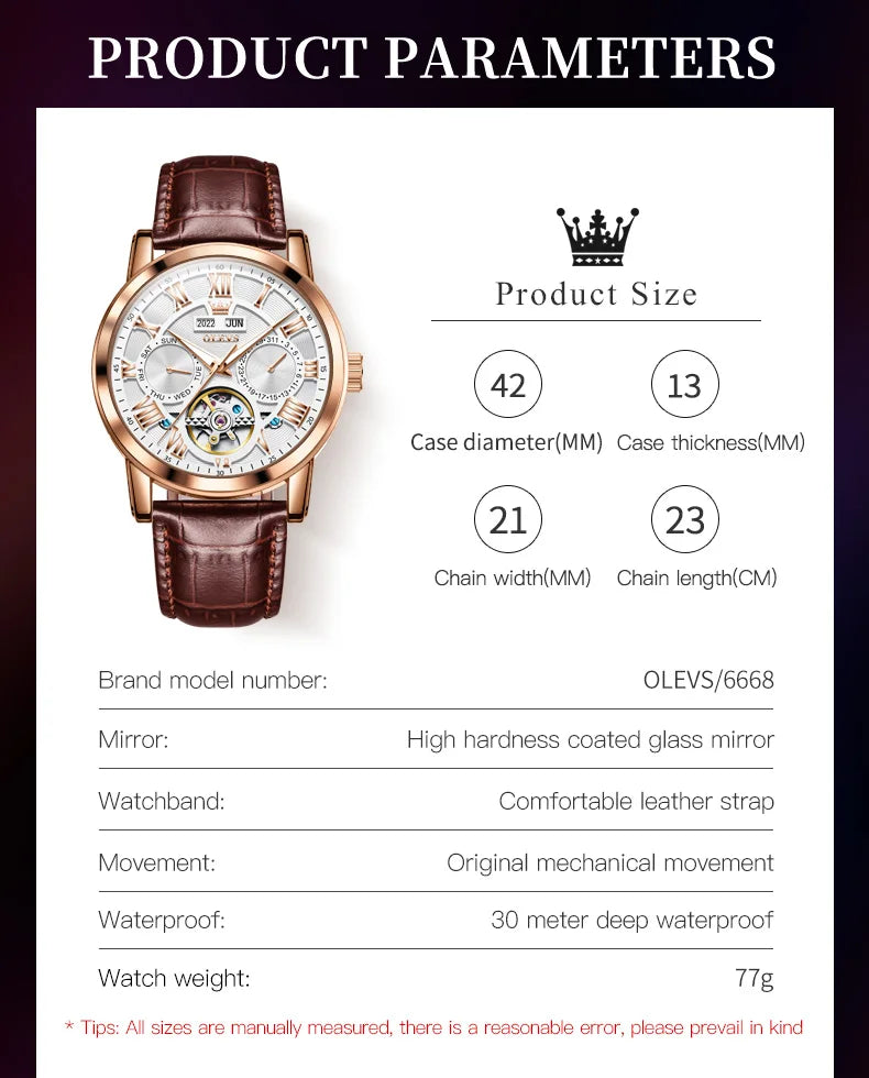 Moon Phase Calendar Automatic Chronograph Leather Strap Watch — Rose-Gold | KIMLUD