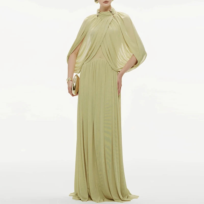 Brocade Gown Cross-Sleeved Ruched Form-Fitting With O-Neck And Ankle-Length Silhouette — Champagne Yellow | KIMLUD
