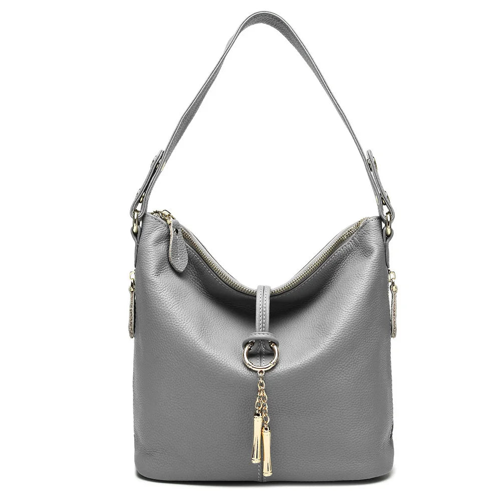 Genuine Leather Hobo Bag With Ring Accent — Red | KIMLUD