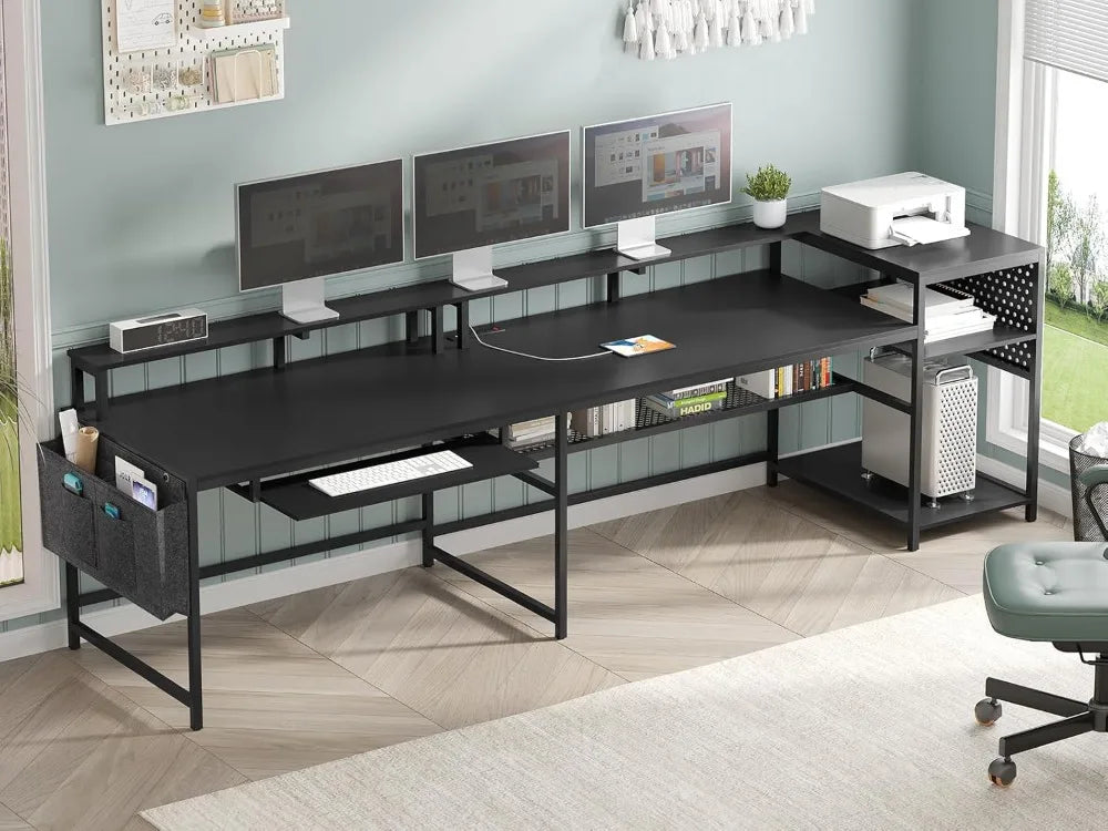 L-Shaped Gaming Desk with Power Outlets, LED Lights & Storage - Reversible Design for Home Office