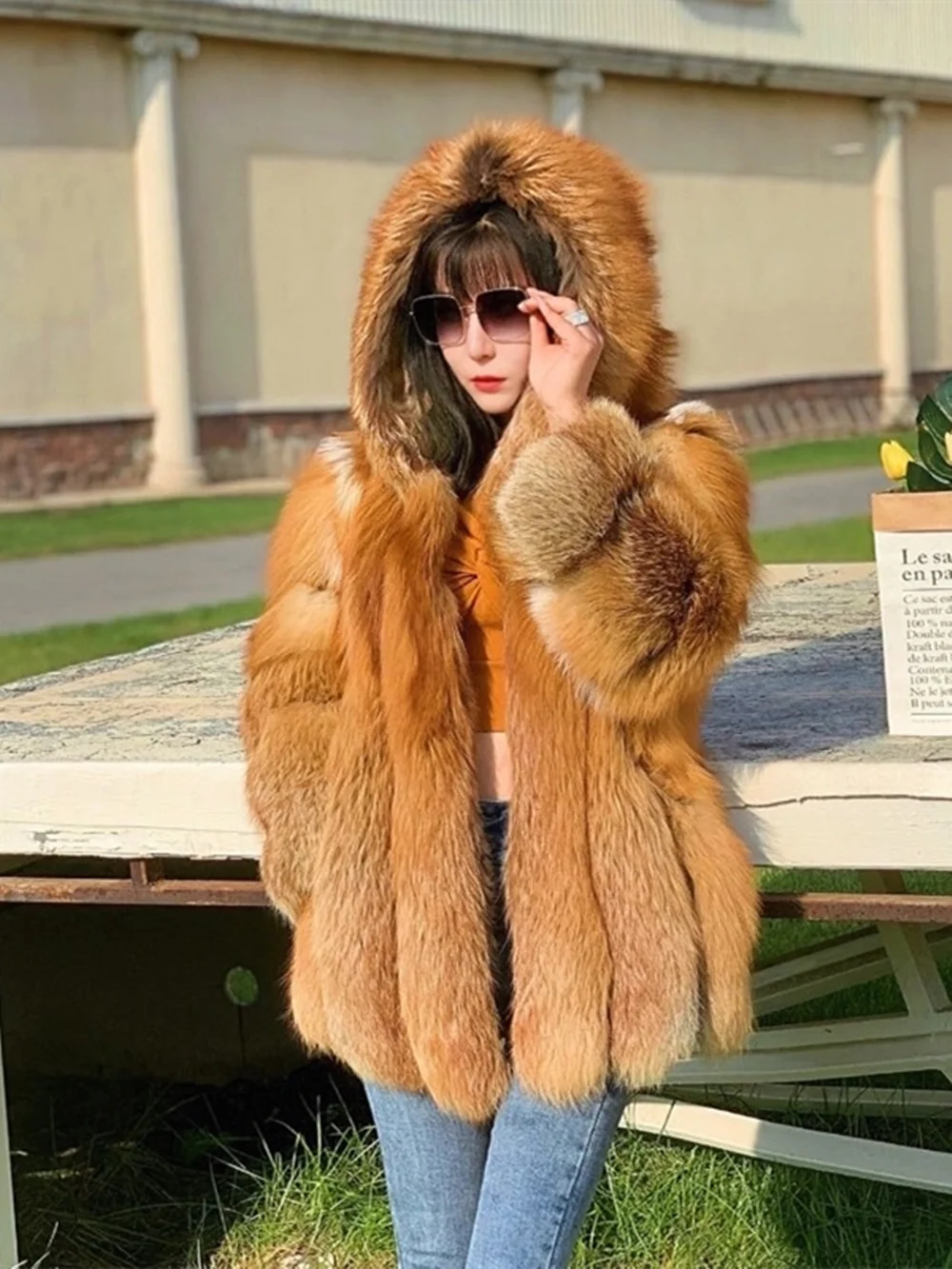 KIMLUD, Real Red Fox Fur Jacket With Hood Women Plus Size Long Sleeves Winter Luxury Female Hooded Fox Fur Coat With Collar, KIMLUD Womens Clothes