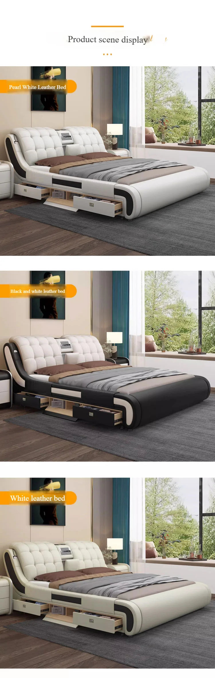 Genuine Leather Upholstered Electric Massage Bed King Size With Storage And Gas Lift — Custom Color | KIMLUD