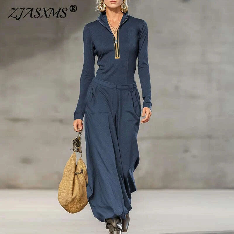 KIMLUD, Retro Solid Zipper Hooded Top Pullover+High Waist Pants Outfit Woman Sexy Stand Collar Overalls Suit Chic Long Sleeve Autumn Set, KIMLUD Womens Clothes