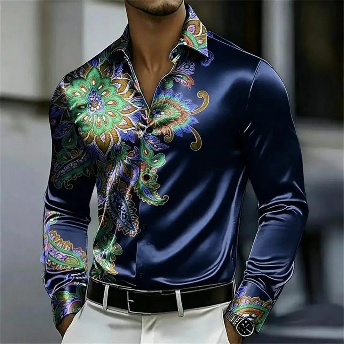 Men's Satin Paisley Print Shirt – Silk Polyester | KIMLUD