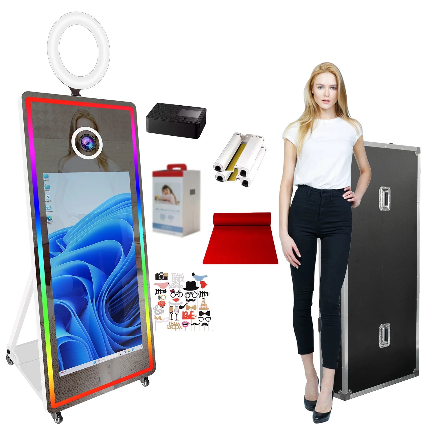 Metal-Glass Frame Portable Mirror Photo Booth 43 Inch With LED Edge Lighting — Black | KIMLUD