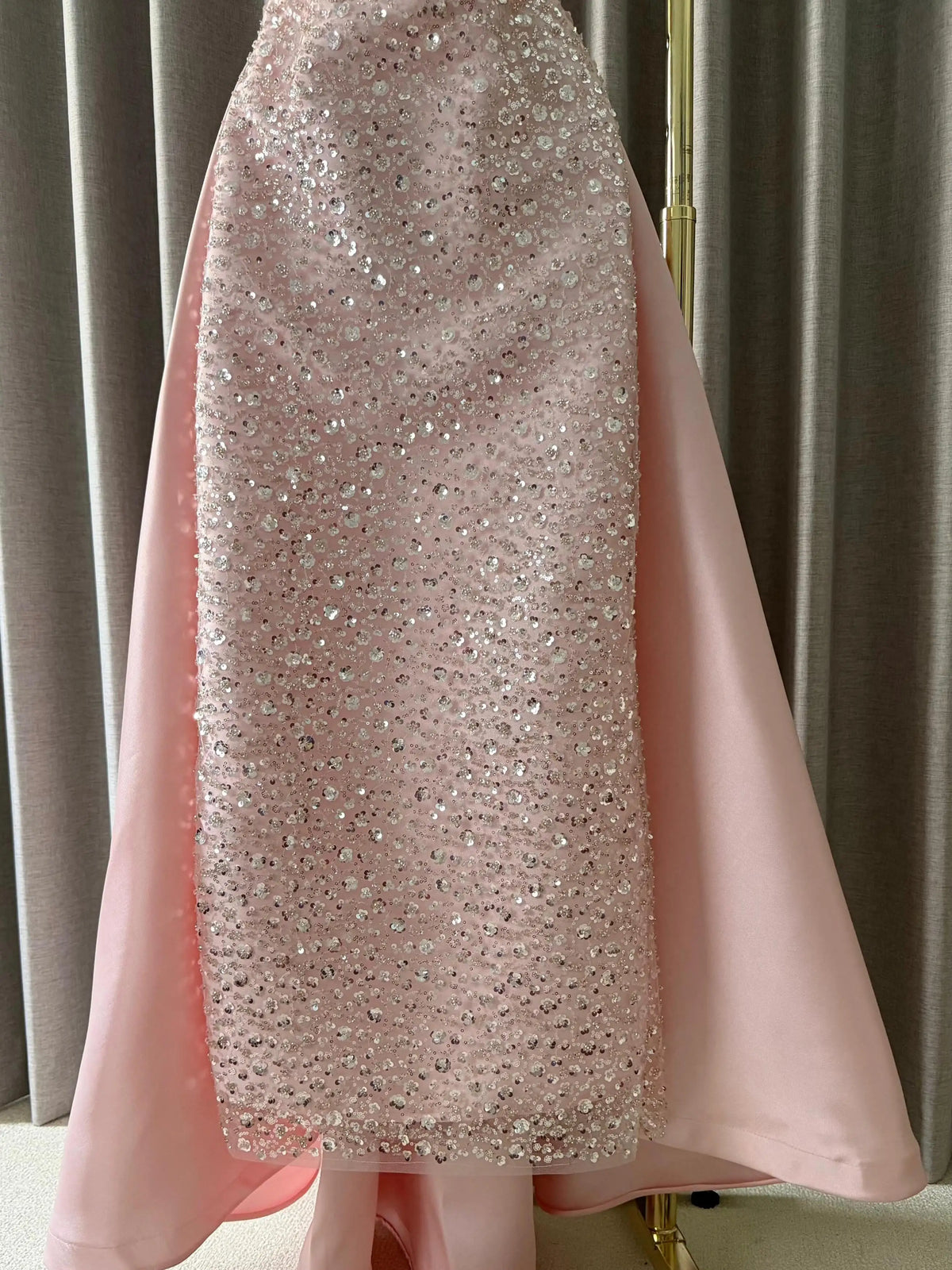 Evening Dress - Spaghetti Strap Beaded Sequins - Pink Satin Train | KIMLUD