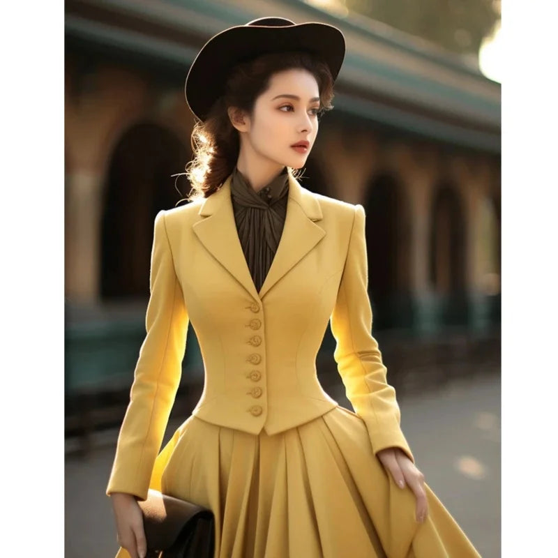 Elegant Retro Blazer & Pleated Skirt Set - Office Two-Piece Suit