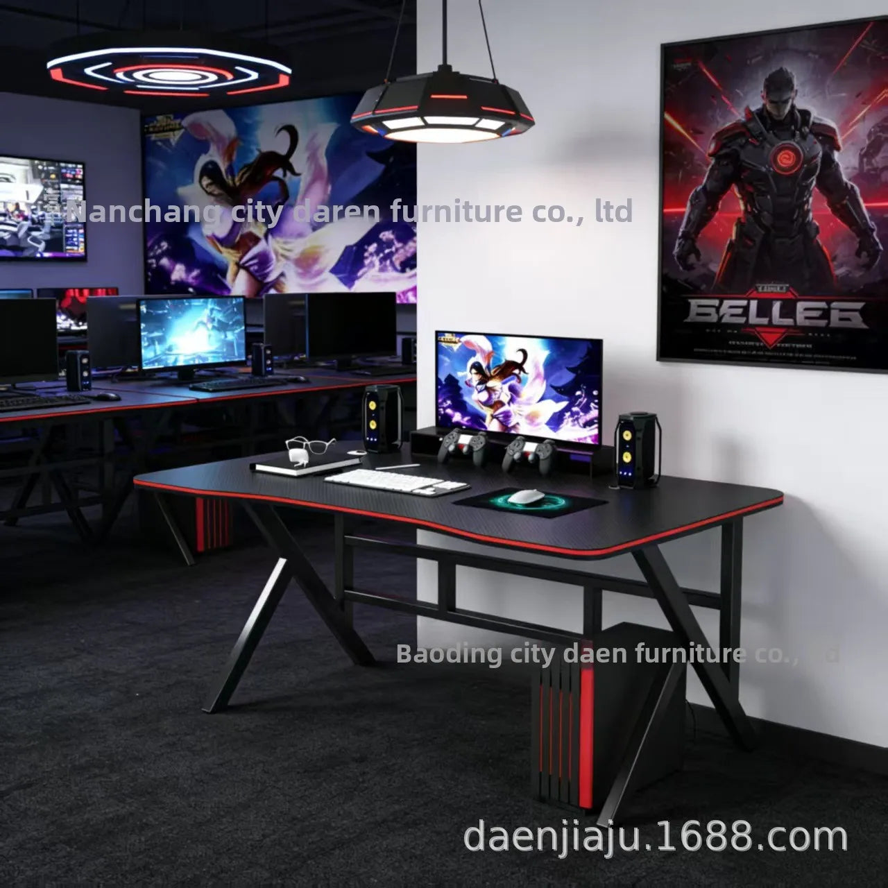 Wooden Ergonomic Gaming Desk For PC With Crimson Edge, Quiet Matte Finish, Cable Management — Black | KIMLUD