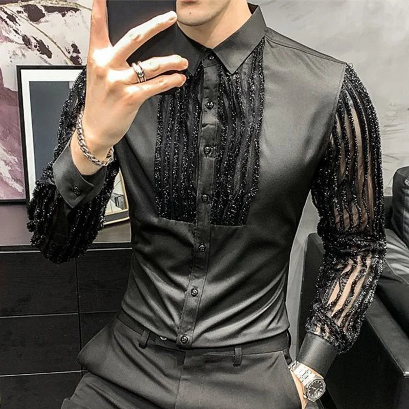 Spring Autumn Y2K Fashion Harajuku Shirt Men All Match Loose Casual Tops Patchwork Blusa Long Sleeve Button Lace Male Clothes