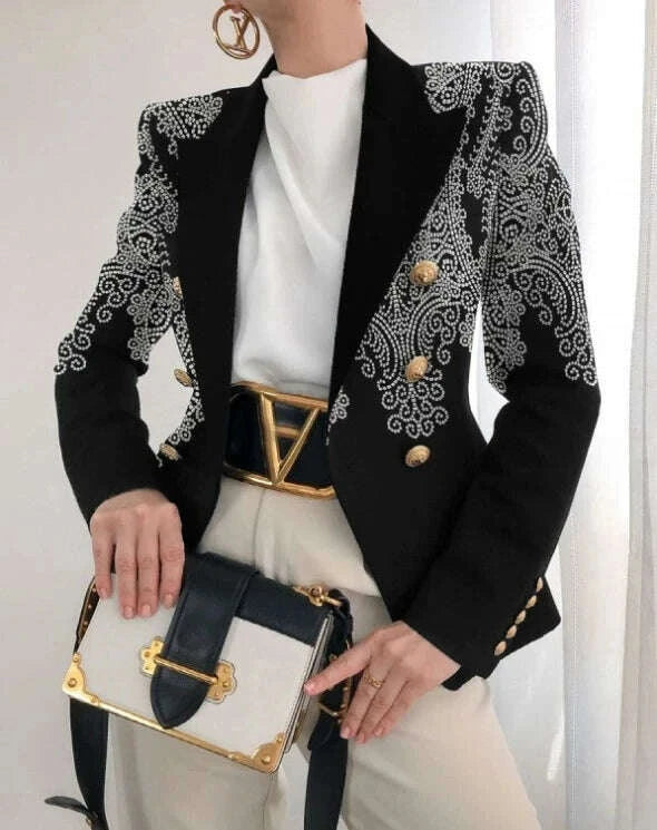 KIMLUD, Women Vintage Print Office Lady Double Breasted Blazer Coat Autumn Fashion Notched Collar Long Sleeve Ladies Outerwear Chic Tops, KIMLUD Womens Clothes