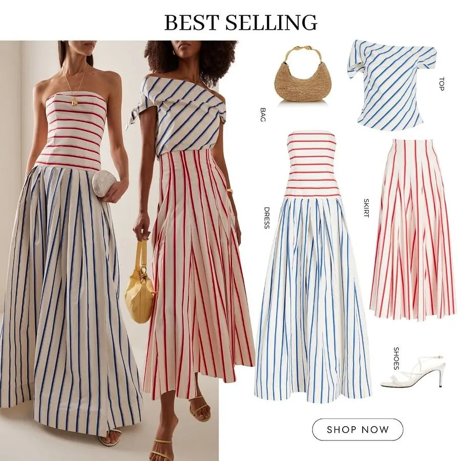 Bandeau Maxi Dress Striped Print Sundress — White | KIMLUD